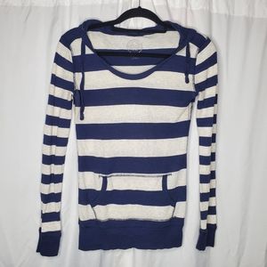 ☆ SO Striped Pullover Hoodie Top Size Medium Blue and Gray Waffle Weave